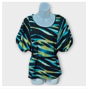 NWT Chime's Navy, Gold, and Blue Tiger Print Sweater With Belt